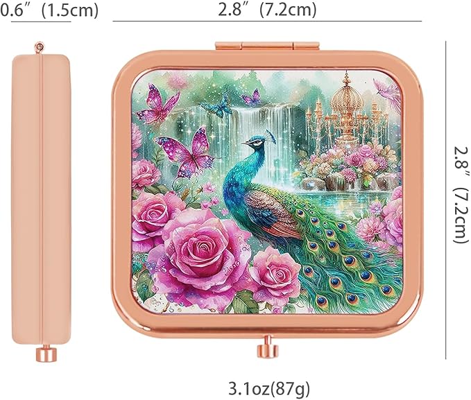 Small Compact Magnifying Mirror for Travel - Handheld, Foldable & Lightweight - Mini Pocket-Sized Magnified Mirror for Purse Rose Gold Peacock