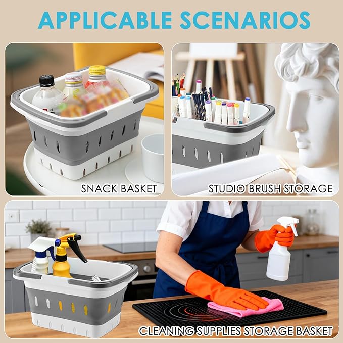 Fammart Portable Shower Caddy Tote – Collapsible Plastic Basket with Handles, Foldable Storage Organizer for Bathroom, Kitchen, College Dorm, Gym, Travel & Camping, Gray