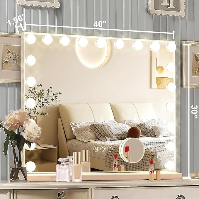 Ratsamee Hollywood Vanity Mirror with Lights, 21 Dimmable Bulbs, 3 Color Lights,Make Up Lighted Mirror, Aluminum Metal Frame, USB Charging Port(40" x 30")