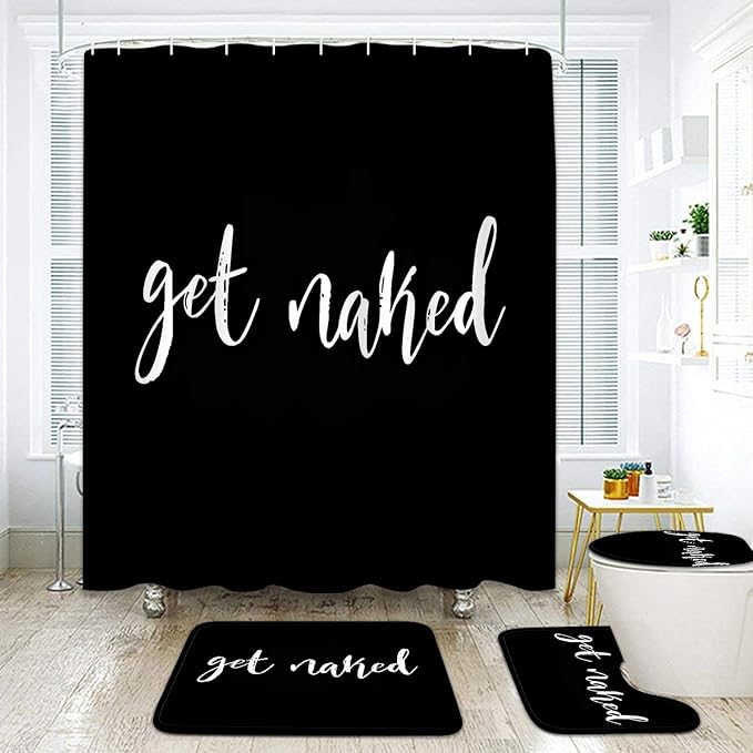 Britimes 4 Piece Shower Curtain Sets with 12 Hooks, Get Naked Black with Non-Slip Rugs, Toilet Lid Cover and Bath Mat for Bathroom Decor Set 72" x 72"