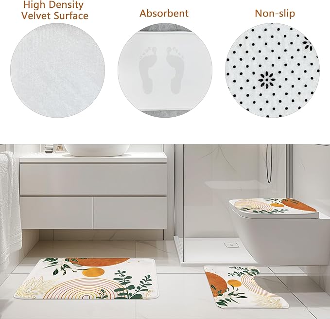 Riyidecor Mid Century 4Pcs Bathroom Shower Curtain Sets Abstract Aesthetic Geometric Bathroom Decor Set with Rugs and Accessories Modern Minimalist Toilet Lid Rug, Contour and Bath Mat with 12 Hooks