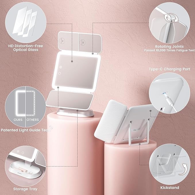 Lighted Makeup Mirror with 7X/5X/1X Magnification, Vanity Mirror with Lights, Trifold Led Makeup Mirror, 3 Lights Colors & Adjustable Brightness, 360° Rotation & Detachable Design for Travel Gift