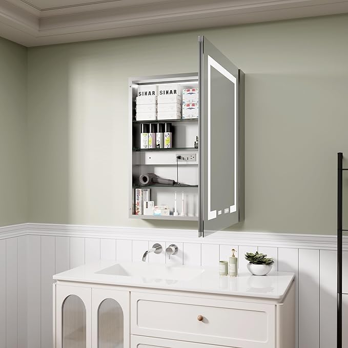 LED Medicine Cabinet Mirror, 24x30 Inch Bathroom Storage, Recessed/Wall Mount, Plug-in/Hardwired, 3 Color Dimmable Light, Anti-Fog, Time Temp Display, Right Hinge