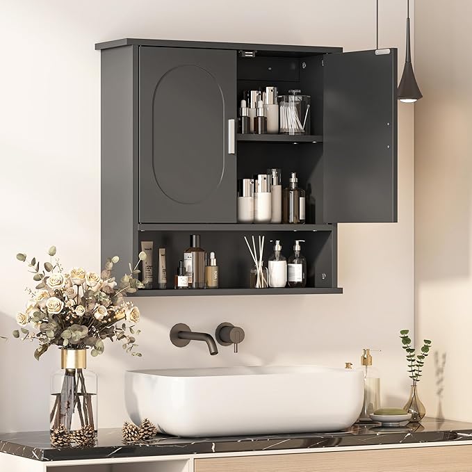 23x24 Bathroom Medicine Cabinet,2 Doors Oval Bathroom Wall Cabinet,Over The Toilet Storage Cabinet for Bathroom/Kitchen,Wall Mounted Medicine Cabinets,Black Bathroom Cabinets with Storage