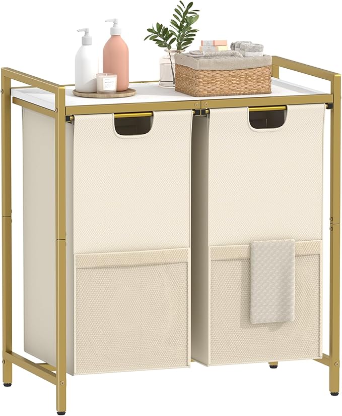 Huhote Laundry Hamper, double Laundry Basket, Laundry Sorter with Top Shelf & 2 Removable Washable Bags & Side Pockets for Laundry Room organization, Bathroom and Dorm, Gold and White