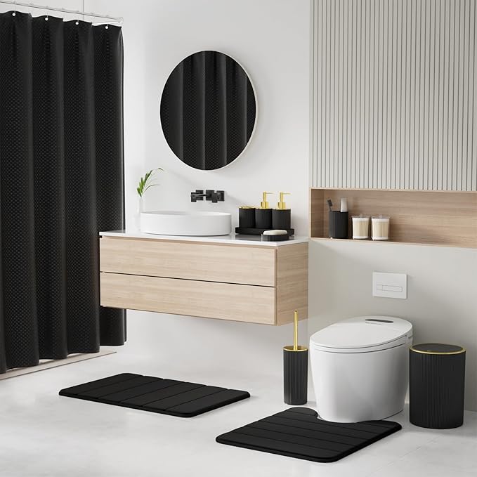 Black Gold Bathroom Accessories Set - Bathroom Sets, 25PC Bath Accessory Set, Bathroom Sets with Push Top Trash Can, Shower Curtain and Rugs, Toilet Brush, Trash Can & Soap Dispenser