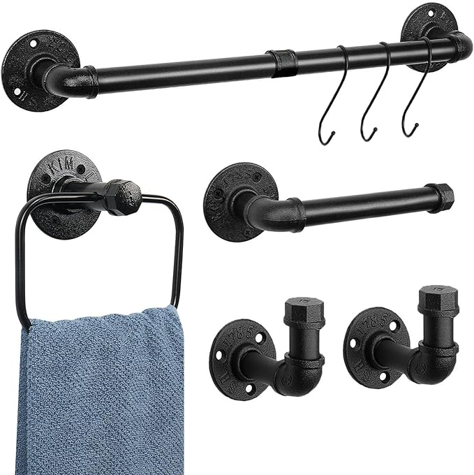 5-Pieces Industrial Pipe Bathroom Accessories Hardware Kit DIY Wall Mounted Includes Towel Bar Robe Hooks Toilet Paper Holder and Towel Ring (Black, 18 Inch)