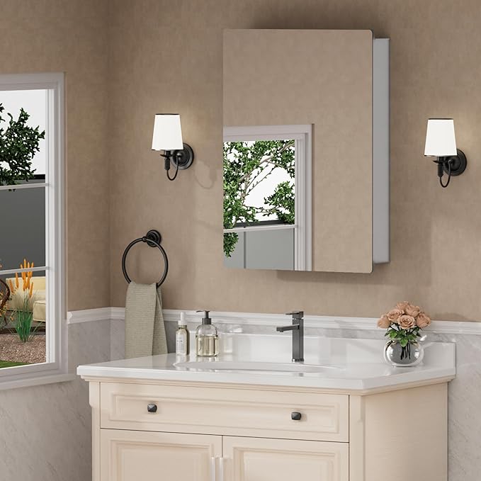 24x30 Inch Medicine Cabinet with Mirror, Recessed or Surface Mounted Bathroom Cabinets for Storage, 2 Fully Adjustable Tempered Glass Shelves, Soft-close DTC Hinges, HD Reflection Mirror Door, Silver