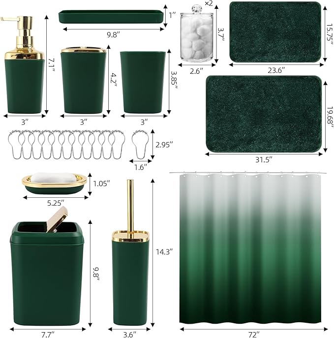 XLHOMO Bathroom Set - Dark Green Bathroom Sets with Shower Curtain and Rugs, 24PCS Shower Curtain Set with Hooks, Soap Dispenser, Soap Dish, Toilet Brush Holder and Trash Can for Housewarming