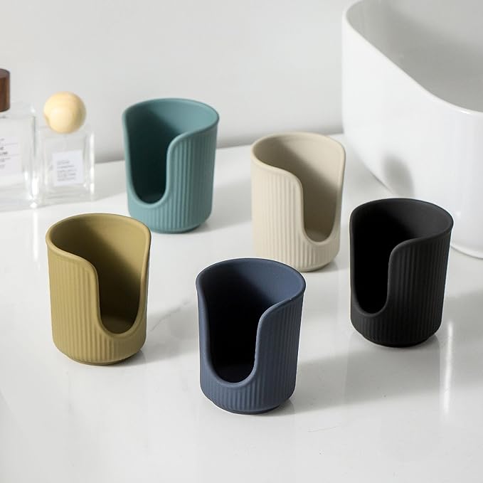 Dobbyby Ceramic Bathroom Cup Dispenser with Stylish Vertical Stripes - Disposable Mouthwash Cup Holder Holds 3-4oz Paper Cups for Rinsing Cups on Bathroom Vanity Countertops (Matte Beige)