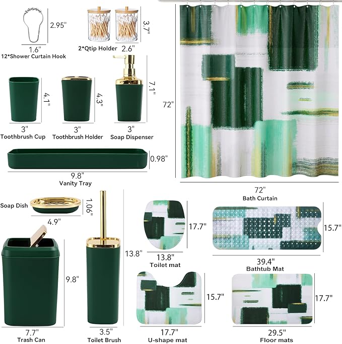 XLHOMO Bathroom Accessories Set - 26PCS Dark Green Bathroom Set, Bathroom Accessory Set with Shower Curtain and Rugs and Bathtub Mats for Home