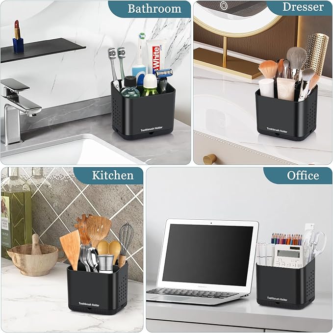 PARKMANI Black Toothbrush Holders for Bathrooms, Kids Electric Toothbrush and Toothpaste Holder, 4 Slots Tooth Brush Holder for Bathroom Countertop Organizer (Black)