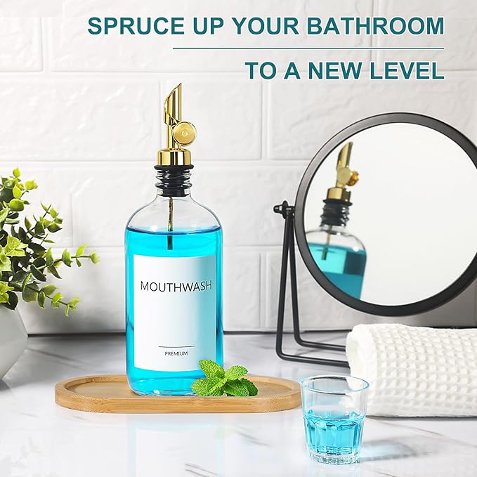 Mouthwash Dispenser for Bathroom, Glass Mouthwash Dispenser with Cup, Mouth Wash Container Bottle with Cup, Refillable Mouthwash Decanter, Clear, 1 Pack, 17oz, with Wooden Tray