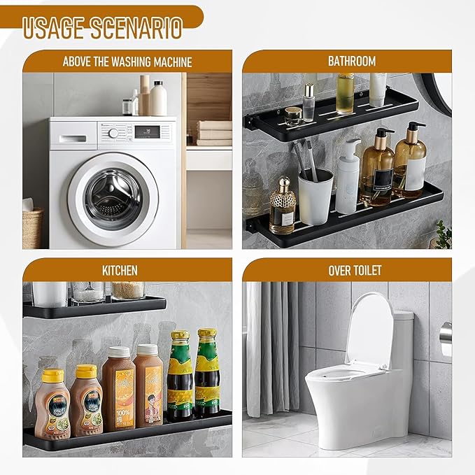 Small Folding Wall Shelf - Waterproof and Rust-Proof 90° fold Down - Easy Installation Folding Metal Shelf, Ideal for RV, Laundry, Toilet, Kitchen and Sofa (Black 2PCS, 15.75inch)