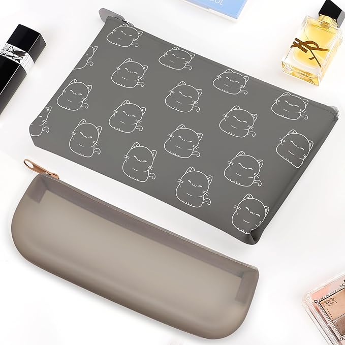 Manmihealth Cute Cat Silicone Makeup Bag, Cosmetic Bags for Women, Makeup Brushes Holder Travel, Portable Purse Pouch for Travel Essentials, Zipper Storage Organizer Bag