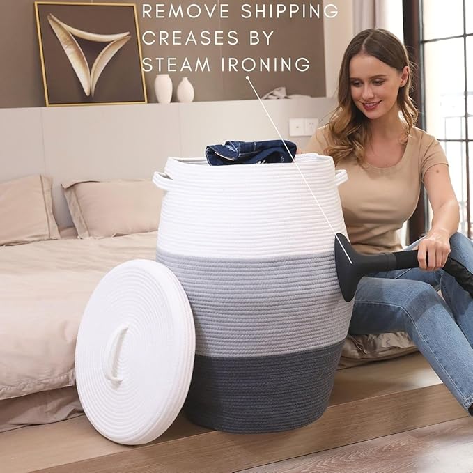26" x 20" Handcrafted Tall Cotton Rope Basket with Lid, Stylish Flagon Shape with Cover, Clothes Hamper with Top, for Bedroom and Living Room, Grey/Dark Grey