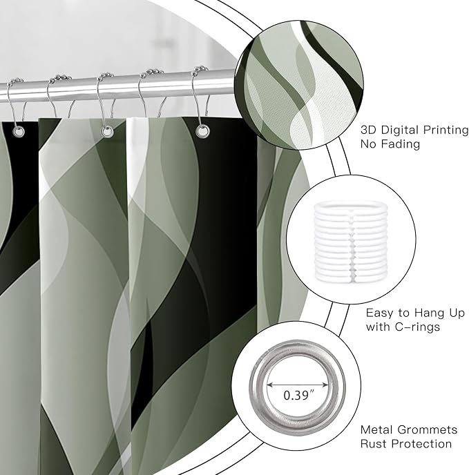 4PCS Sage Green Abstract Shower Curtain Sets with Rugs, Modern Striped Bathroom Sets with Shower Curtain and Rugs, Luxury Bathroom Curtains Shower Set with Toilet Lid Cover