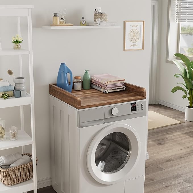 Washer Dryer Countertop, Countertop for Washer and Dryer with Non-Slip Pads and Round Corner Edge Rails, 27.5" D x 27.5" W x 3.2" H, Laundry Room Organization(Chestnut)