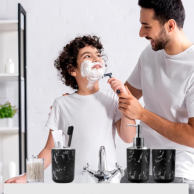 XLHOMO Black Marble Bathroom Accessories Set, Black Bathroom Set with Trash Can, Vanity Tray, Soap Dispenser, Soap Dish, Toothbrush Holder, Toothbrush Cup, Toilet Brush and Qtip Holders for Bathroom