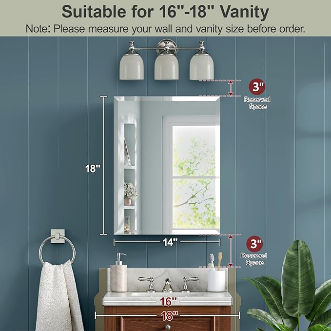 14x18 Inch Aluminum Medicine Cabinet with Beveled Mirror, Assembly Needed, Recessed or Wall Mount, 1 Adjustable Tempered Glass Shelf, Side Mirrors, Reversable Door, Rectangular Silver Edge