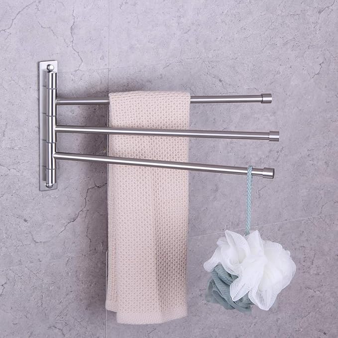 GERZWY Bath Towel Holder Swing Out Towel Bar SUS 304 Stainless Steel Bathroom Hand Towel Rack 3-Bar Folding Arm Swivel Hanger Wall Mount Brushed Finish HYG03-LS