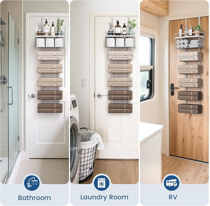 Aetyord Towel Racks for Bathroom Over The Door Towel Racks Towel Storage Organizer with Metal Shelf Basket for Bathroom Rv Camper (7-Tier Silver)