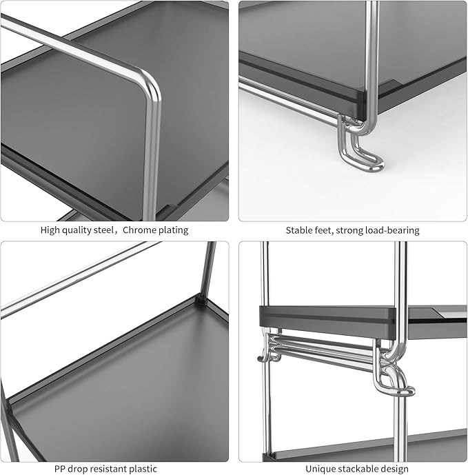 2-Tier Bathroom Organizer Countertop Storage Shelf, Vanity Tray Cosmetic Stackable Storage Rack, Kitchen Spice Rack (Chrome + Black)
