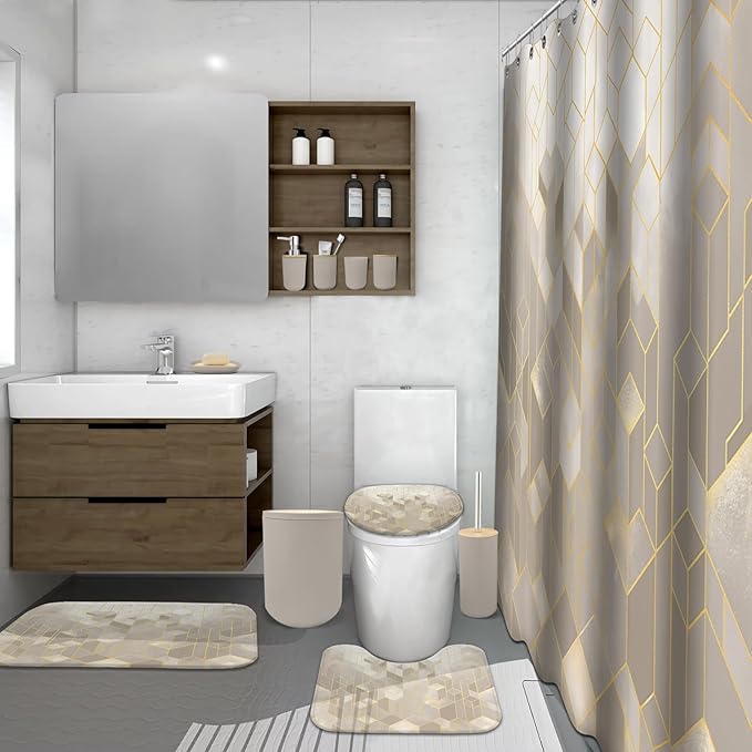 Lnond Beige Bathroom Set, Beige Abstract Cubes Bathroom Accessories Sets Complete, Luxury Restroom Set with Shower Curtain and Rugs, Trash Can, Toilet Brush Holder Set & Soap Dispenser