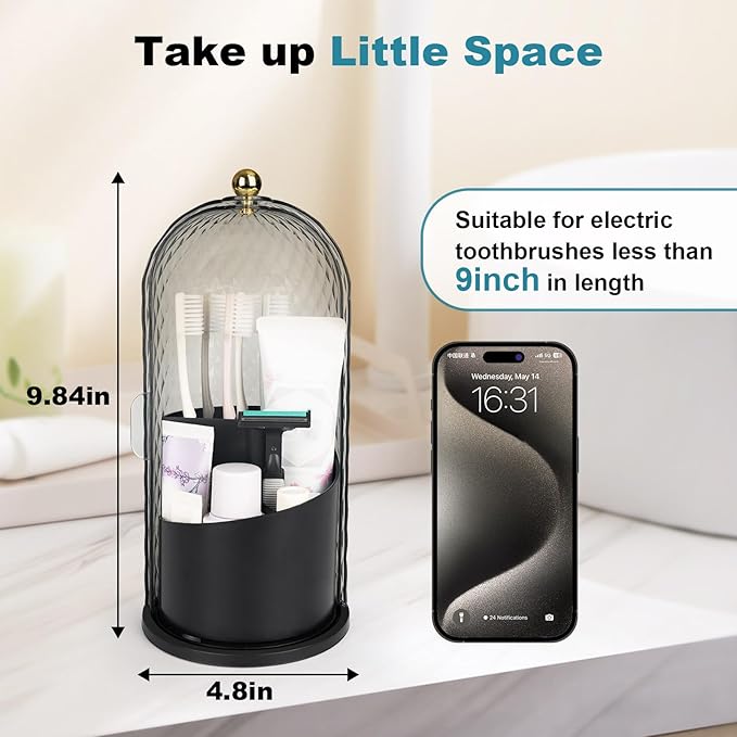QIYVLOS Toothbrush Holders with Sliding Lid, Rotating 3 Slots Bathroom Organizer Countertop, Tooth Brush Toothpaste Holder Bathroom Counter Stand Caddy for Vanity Makeup Brushes Holder (Black)