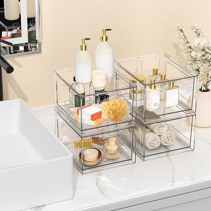 SpaceHacks 4 Pack Stackable Plastic Makeup Organizer Drawers, Acrylic Organizers, Clear Storage Bins with Pull-Out Handles for Vanity, Kitchen Cabinets, Pantry