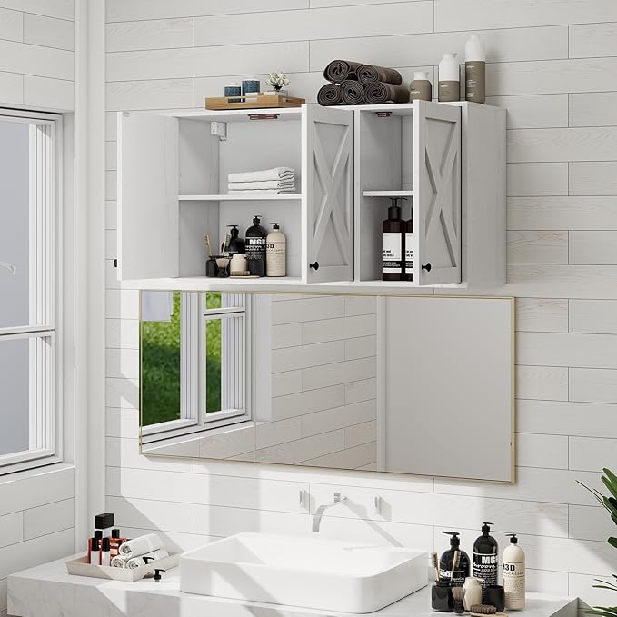 YOURLITE Laundry Cabinet, Medicine Cabinet, Bathroom Kitchen Storage Wall Mounted Farmhouse Organizer with Shelves Over Toilet, 36" Wide, White