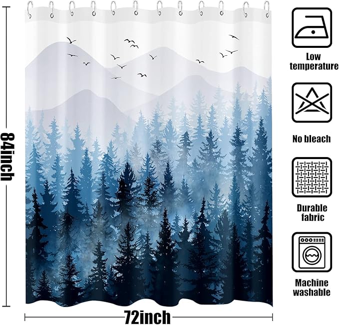 Accnicc 84 Inch Extra Long Blue Misty Forest Shower Curtain Set Ombre Navy Blue Mountain Pine Tree Waterproof Fabric Shower Curtains for Bathroom Nature Woodland Decorative Modern Bath Curtain Decor