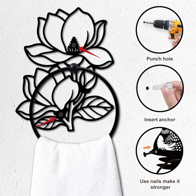 MAYJOYDIY Flower Metal Towel Ring Round Magnolia Denudata Hand Towel Holder Ring Hanger Black Vintage Towels Wall Organizer for Kitchen Bath Home Laundry Room Decors Gifts