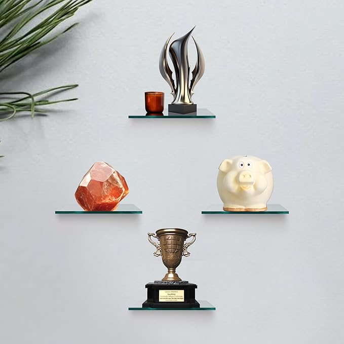 Trophy Glass Shelf 8x8 inch - 3/8 Inch Thick Clear Floating Shelf with 2 Free Chrome Brackets and Screws for Displaying Trophies, Awards, Pictures Frames, Paintings and Decoration Items