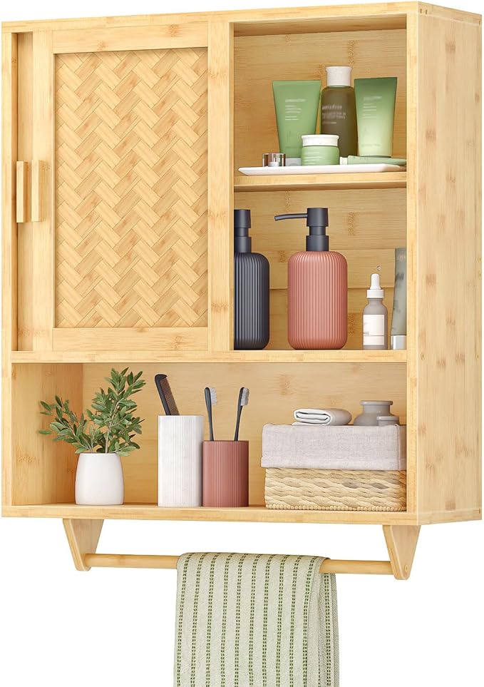 HOOBRO Bathroom Cabinet Wall Mounted, Bamboo Over Toilet Cabinet, Medicine Cabinet with Towels Bar & Adjustable Shelves, 23.6 x 7.9 x 28.5 Inches, for Bathroom, Laundry, Kitchen, Natural YL63CW01
