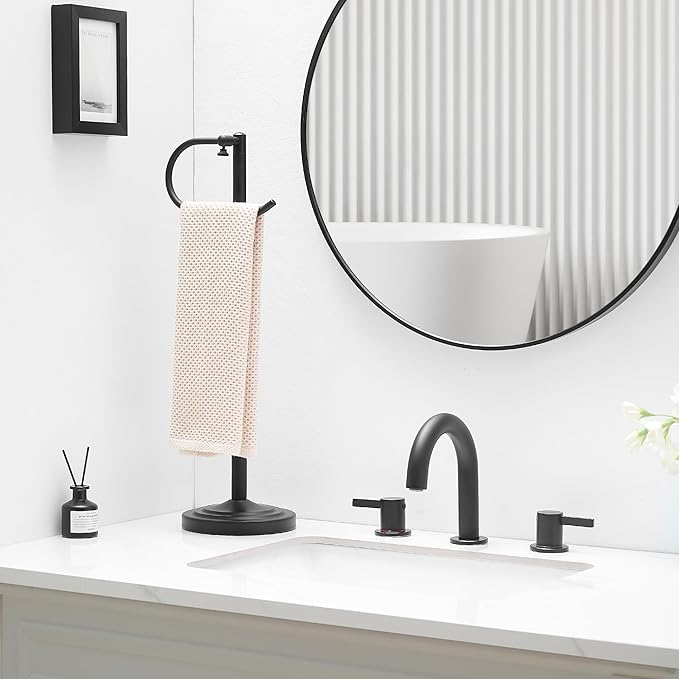 Hand Towel Holder Stand for Bathroom Countertop, Standing Towel Rack with Non-Slip Base, Stainless Steel Adjustable Towel Bar 16.5-26 Inch for Kitchen Vanity (Matte Black)