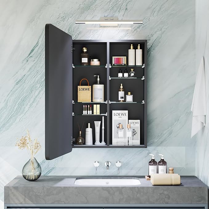 Black Medicine Cabinet with Mirror for Bathroom: 20 x 26 Inch Small Mirrored Vanity Storage with Adjustable Shelves - Surface or Recessed Wall Mount - Matte Black Frame
