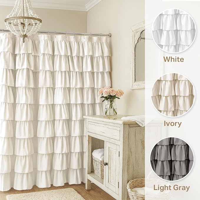 Seasonwood Ruffle Shower Curtain Cream Farmhouse Vintage Handcrafted Rustic Decorative Fabric Shower Curtains for Bathroom, 72" x 72"