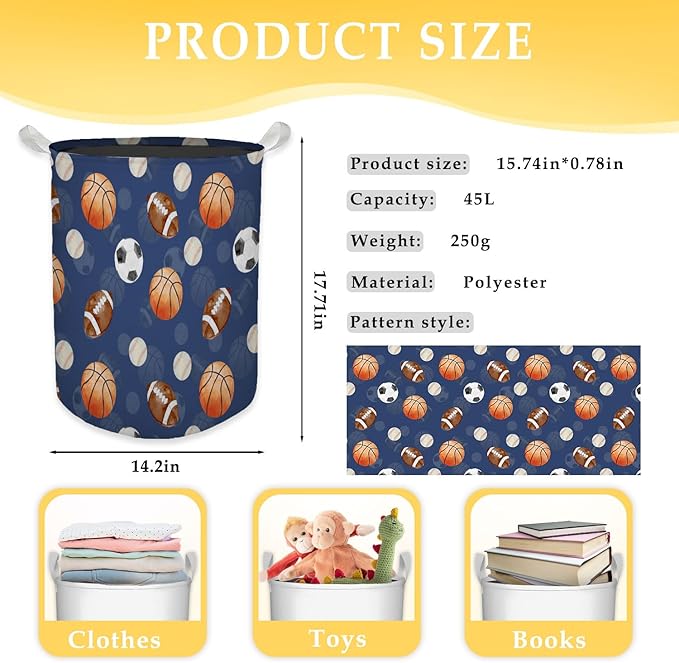 Baseball Football Laundry Basket, Toybox for Boys, Gifts for Sports Lovers Laundry Basket Hamper Waterproof Collapsible Clothes Toys Storage Bin Organizer for Bedroom Bathroom Boys Room Dorm