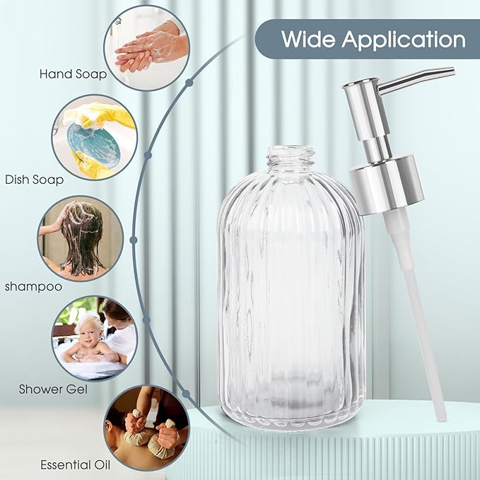 Topsky Stripe Glass Soap Dispenser with Plastic Pump, 400ml Liquid Hand Soap Dispenser, Rustproof Pump for Kitchen & Bathroom, Great for Lotions, Essential Oil, Liquid Soaps,Transparent
