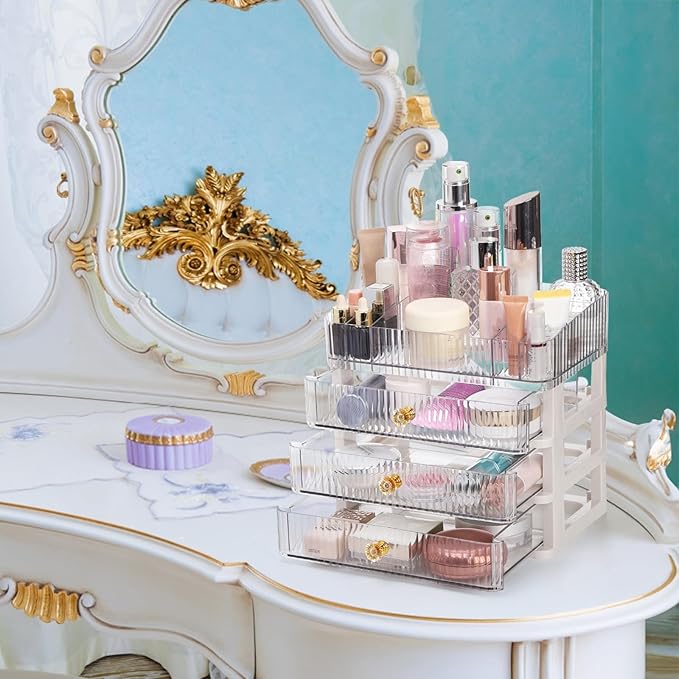 Coloch Plastic Makeup Organizer with 3 Drawers, Cosmetics Display Case for Vanity Countertop Organization Box for Makeup, Skincare, Lipsticks, Jewelry, Bathroom, Bedroom