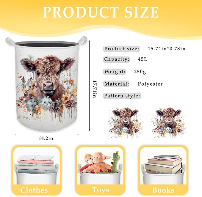 Cow Laundry Basket, Farmhouse Floral Cow Waterproof Collapsible Laundry Hamper Dirty Clothes Storage Toy Bin Organizer for Bathroom Bedroom Nursery Girls Kids Room