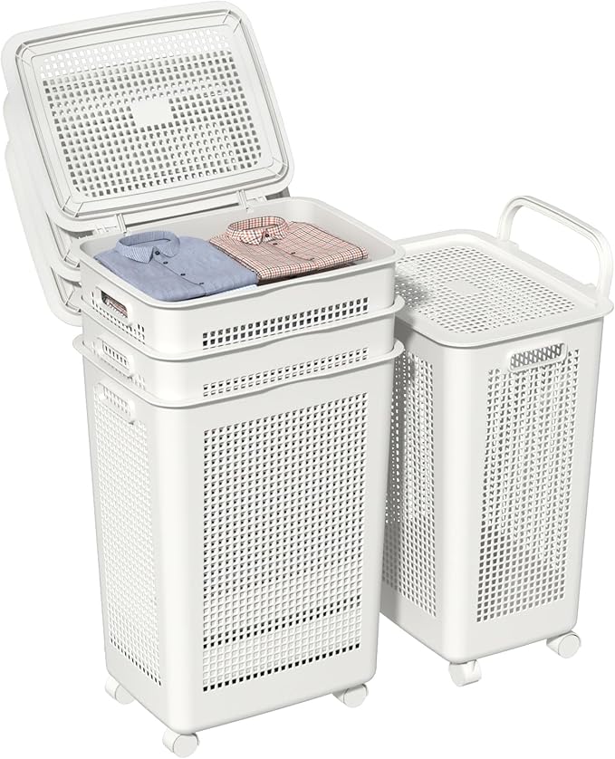 65 L Large Laundry Basket with Lids, Plastic Laundry Hamper with Wheels, 4 Packs