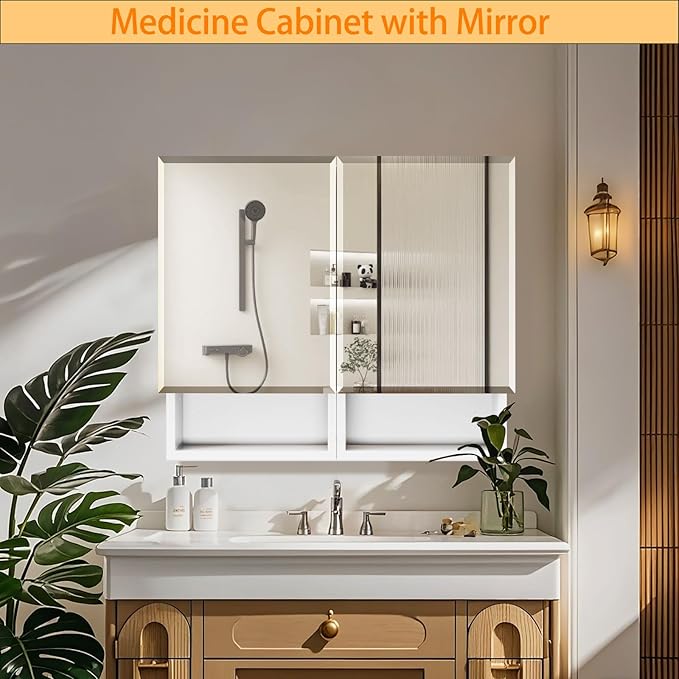 32 x 26 Inches Bathroom Medicine Cabinet with Mirror, Double Door Bathroom Mirror Cabinet, Surface or Recessed Mount White Storage Cabinet, Frameless Beveled Edge Wall Mounted Mirror Cabinet