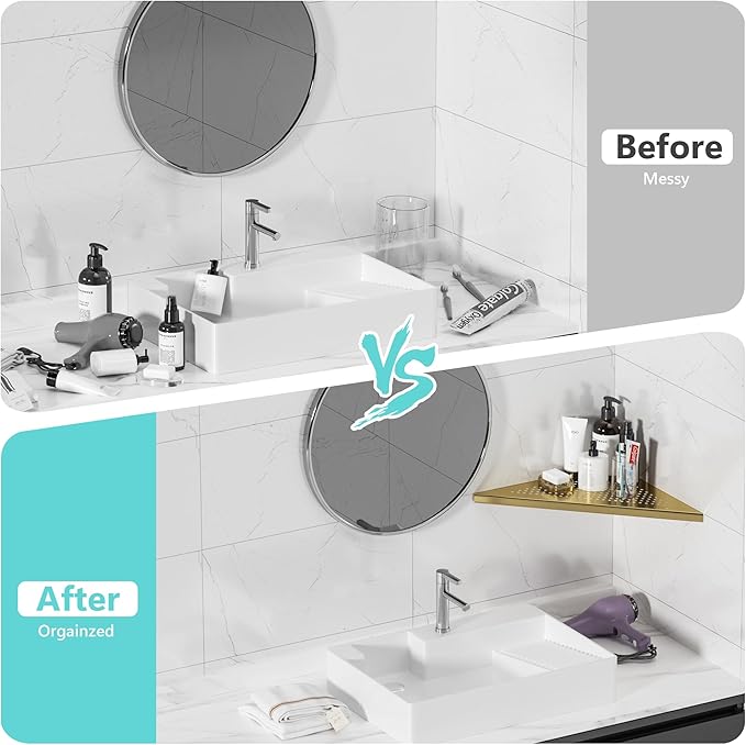 Qeke Bathroom Corner Shelf, Recessed 12" Shower Shelf Caddy, SUS304 Stainless Steel Shelf Wall Mount Triangular, No Drilling, Brushed Golden