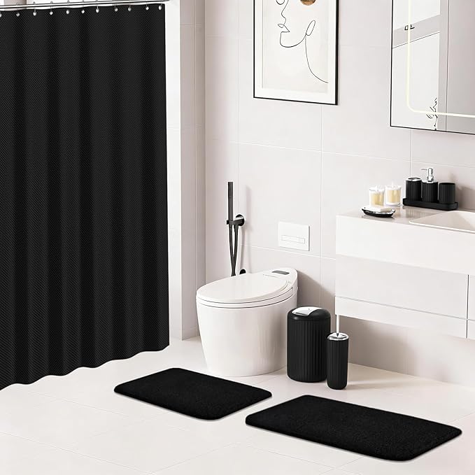 XLHOMO 24 PCS Black Bathroom Accessories Set with Shower Curtain and Rugs, Bathroom Sets with Extra Soft and Absorbent Bath Rugs Shower Curtain Black Bathroom Sets for Bath