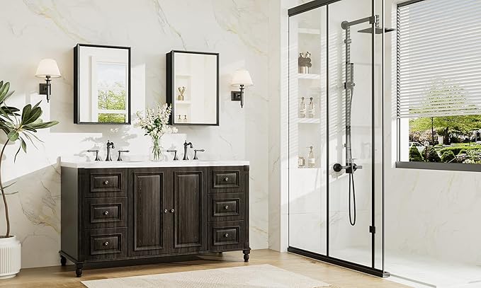 TokeShimi 16 x 24 Medicine Cabinet Mirror, Assembly Required, Black Mirror Medicine Cabinet for Bathroom, Beveled Aluminum Frame, Stepless Adjustable Shelves, Tempered Glass