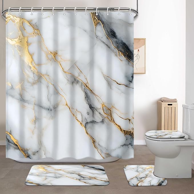 Lnond 4Pcs Marble Bathroom Sets with Shower Curtain and Rugs,White Gold Marble Modern Art Bathroom Shower Curtain Sets with Rugs and Accessories
