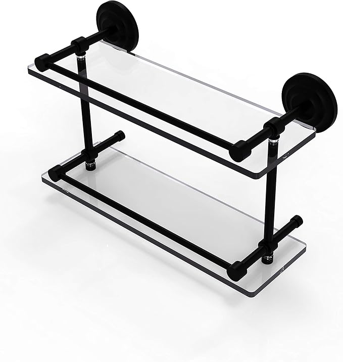 Allied Brass QN-2/16-GAL-BKM Qn 2 Gal Que New Inch Double Gallery Rail Glass Shelf, 16 Inch, Matte Black