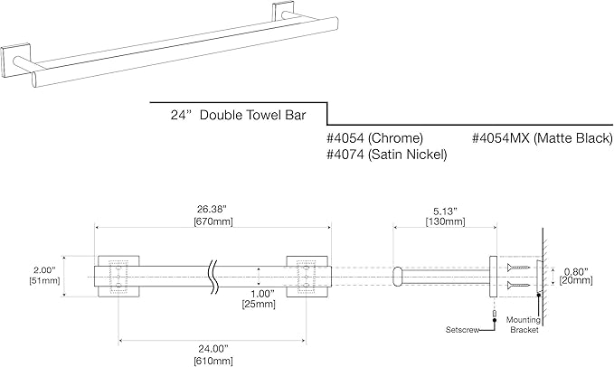 Gatco 4074 Elevate Double Towel Bar, Satin Nickel/Wall Mounted 24 Inch Double Towel Holder Rack for Bathroom